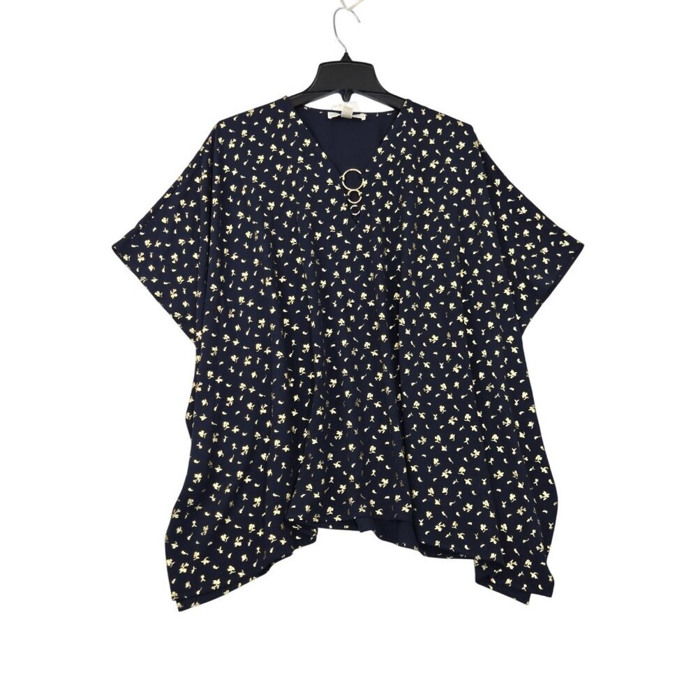 Michael Kors Women's Top Blouse Poncho Floral Gold Foil Print Size S/M Blue (63)